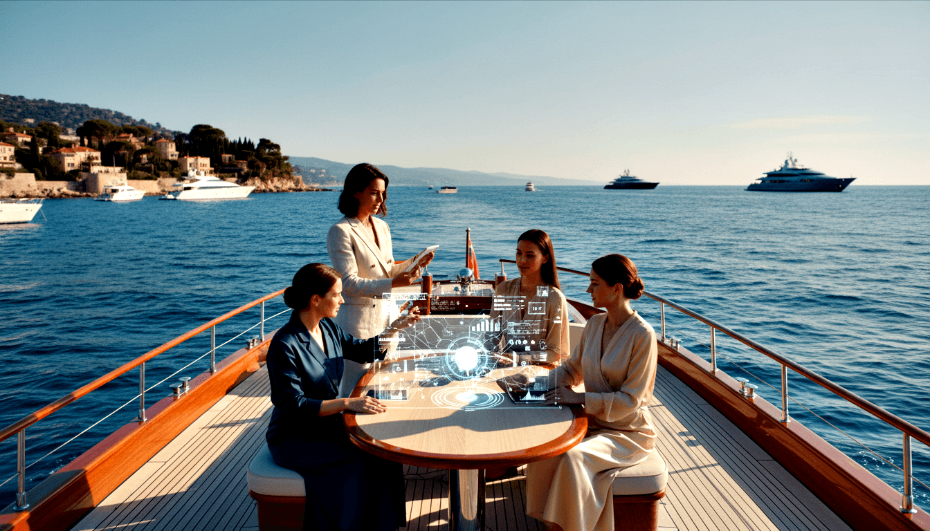 Three women seated at teak oval table on yacht deck, fourth stands holding tablet with holographic charts above; coastal hillside behind.