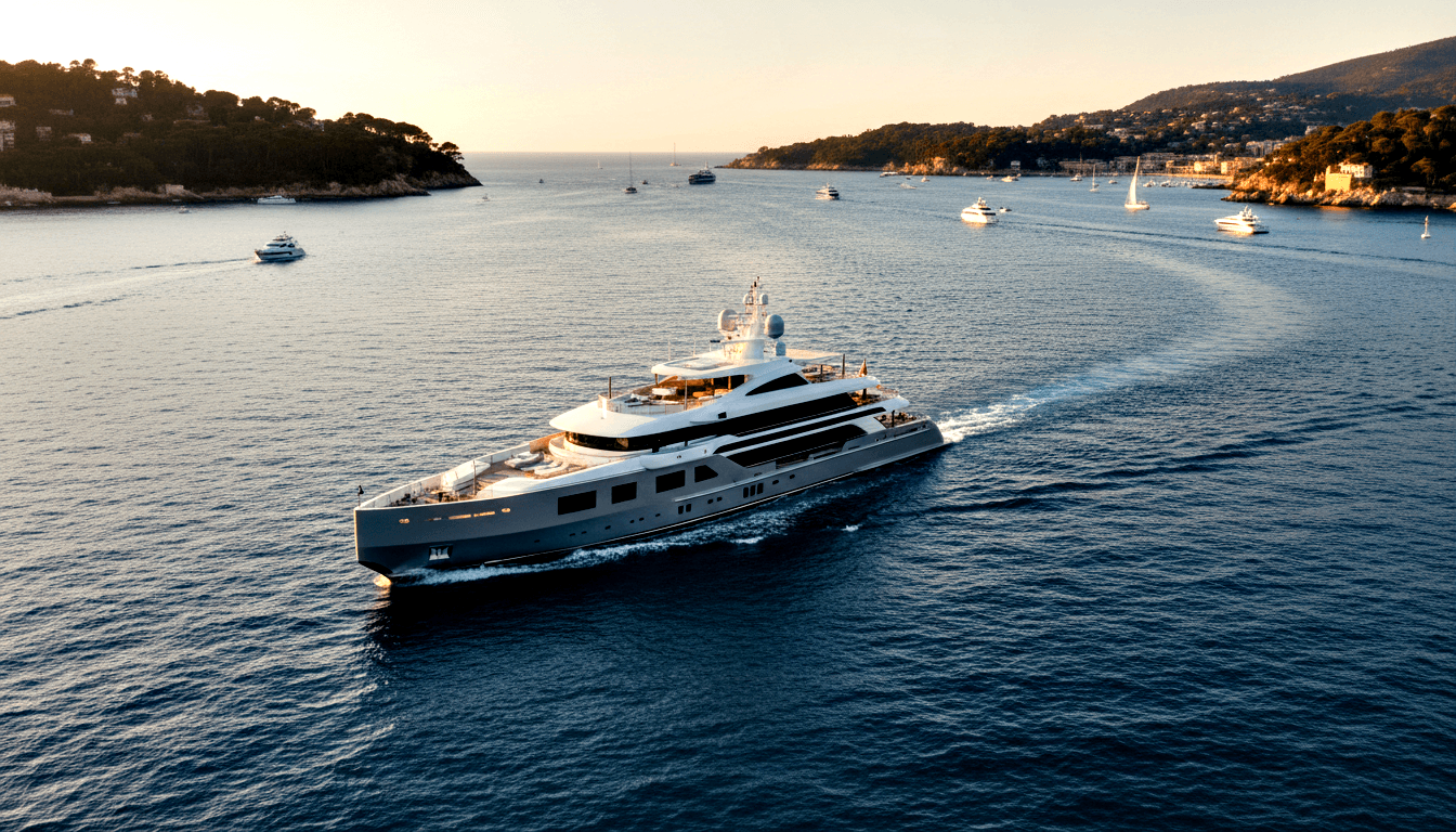 Multi-decked superyacht with dark navy hull and silver-gray superstructure cruising across calm deep-blue water, leaving white wake, aerial view.