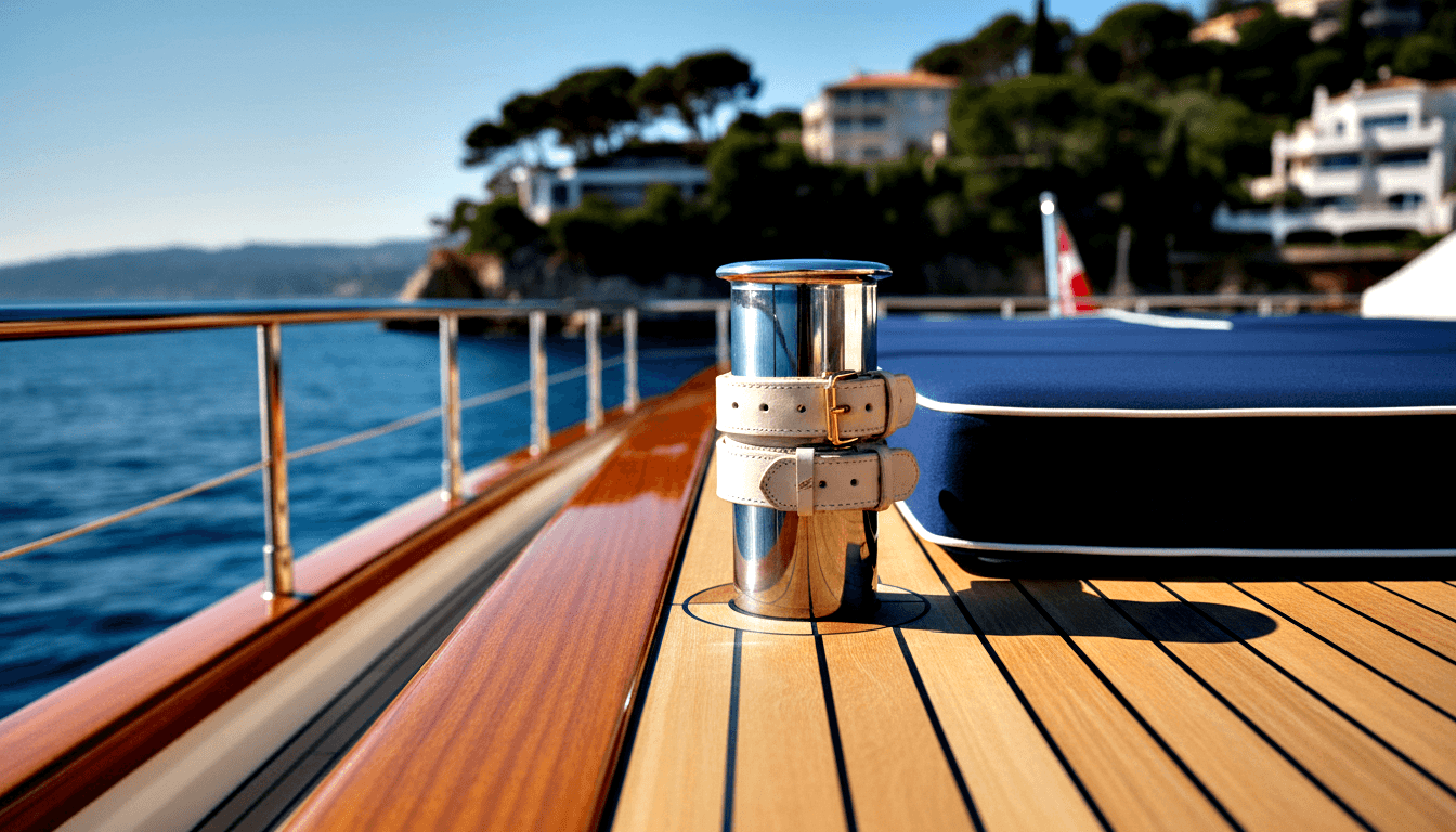 Stainless steel cylindrical deck fitting wrapped with cream leather strap and brass buckle on a teak plank deck.