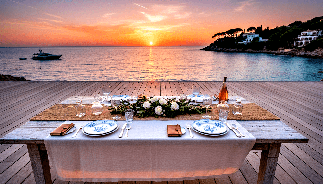 Formal table for two on deck at sunset, coastal water reflection, blue-white plates, crystal glasses, rosé wine, white roses.