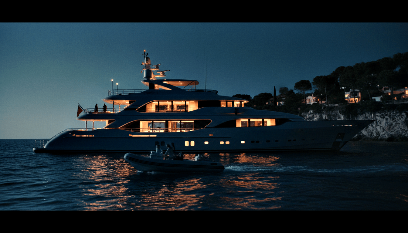 Large white-hulled superyacht anchored in a dark coastal bay at night, amber lights glowing through windows and reflecting on calm water.