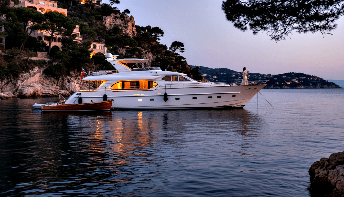 Large white multi-deck motor yacht moored in a calm bay at twilight, cabin windows glowing amber, woman in white gown standing on the bow.