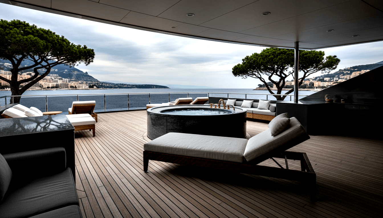 Outdoor terrace with circular stone jacuzzi, white-cushioned loungers and sofa, glass railing, bay and mountains under overcast sky.