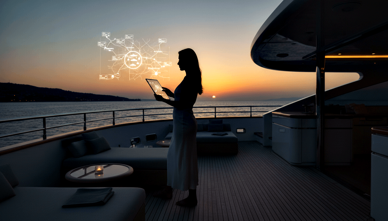 Silhouetted woman in midi dress holding a tablet projecting a glowing holographic network diagram on a yacht deck at dusk.
