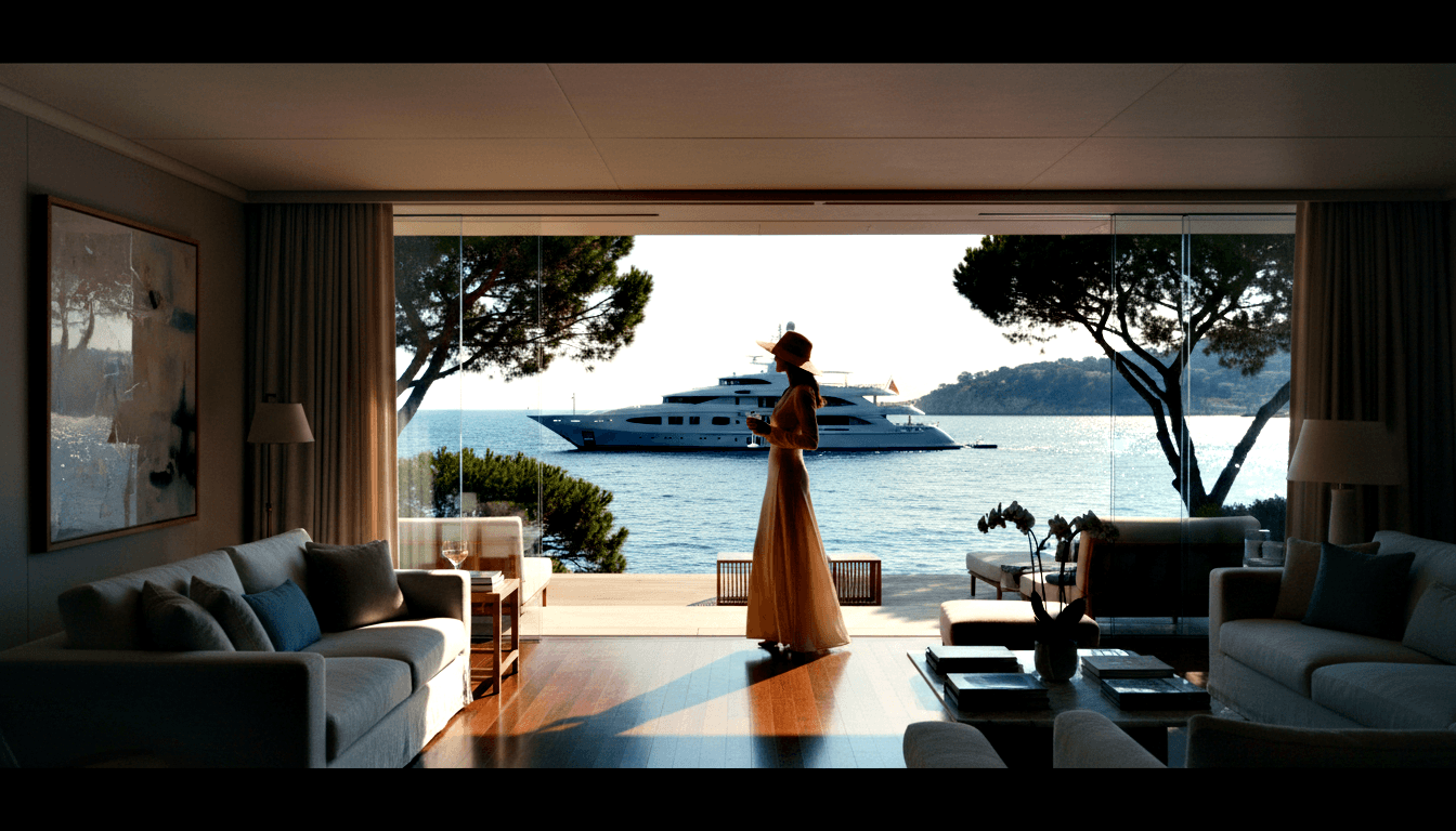 Woman in golden dress and hat silhouetted at glass wall with wine glass, overlooking calm waterfront and anchored superyacht.