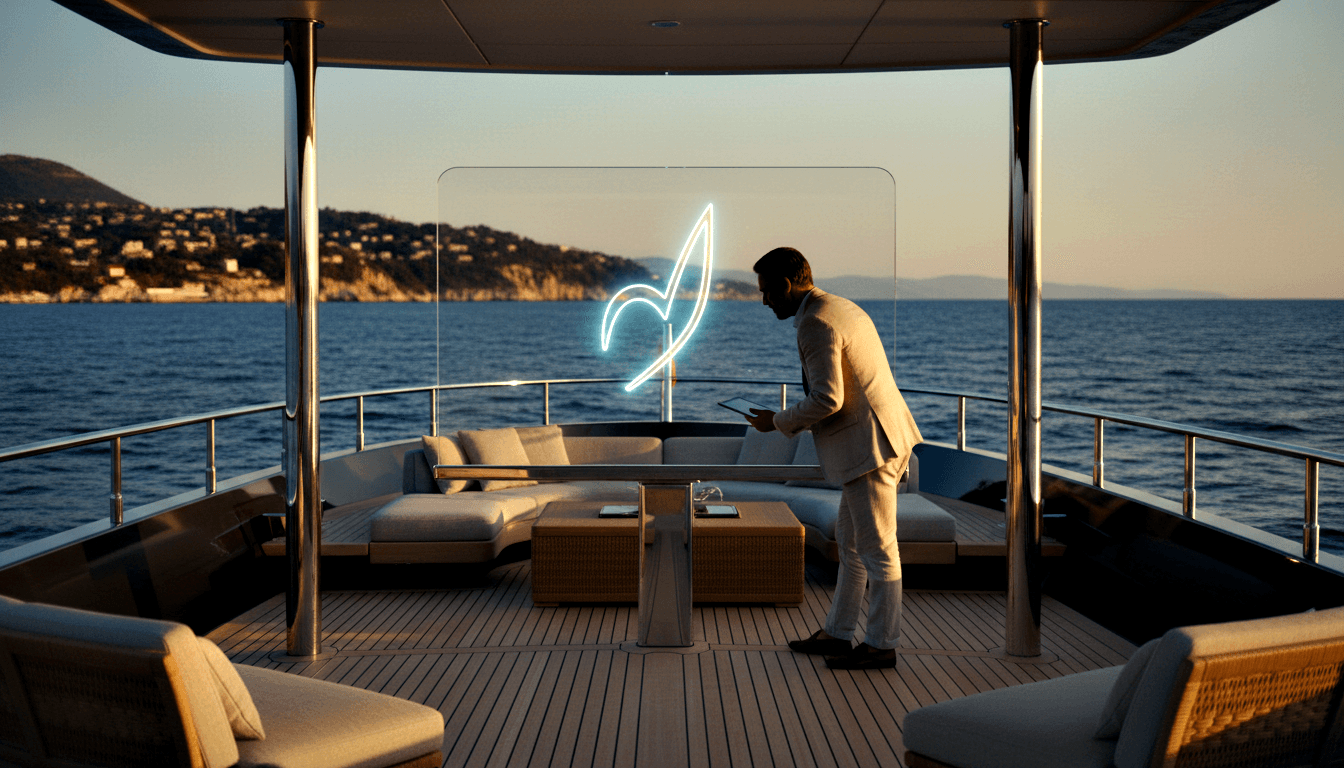 Man in beige blazer holds tablet on yacht aft deck facing a glowing cyan neon feather symbol on glass, calm coastal water behind.