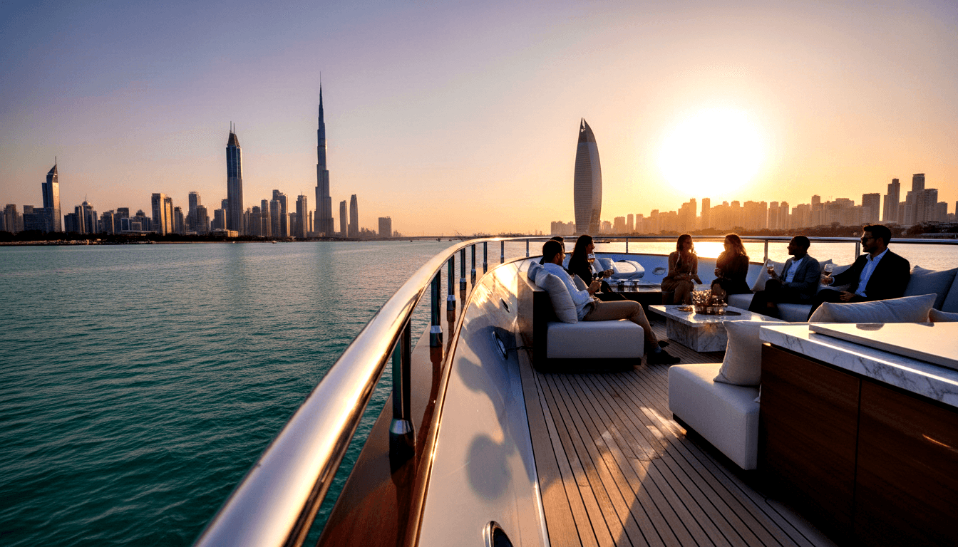 Adults in formal attire sit with wine glasses on a yacht stern, turquoise water and high-rise skyline silhouetted at golden hour.