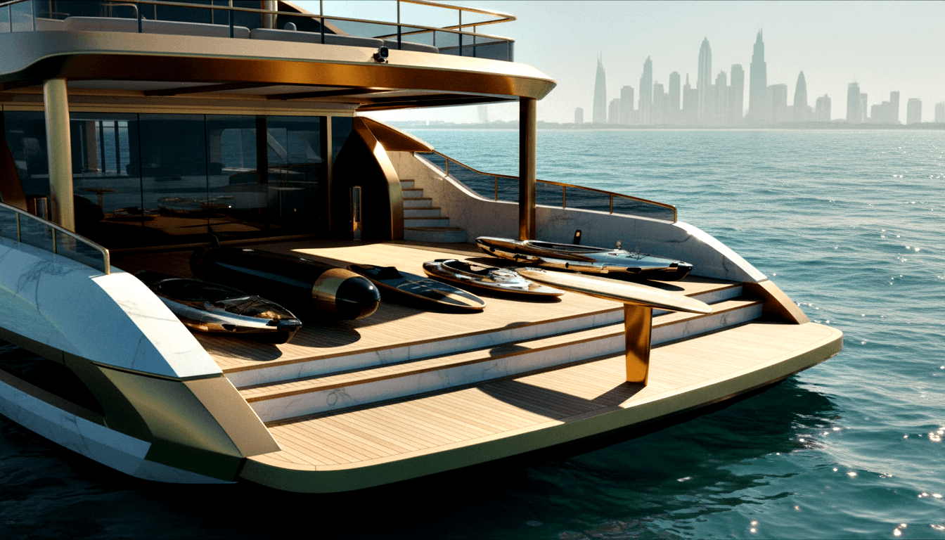 CGI superyacht stern with teak decking, gold railings, jet skis, brass column, and torpedo-shaped submersible below the swim platform.