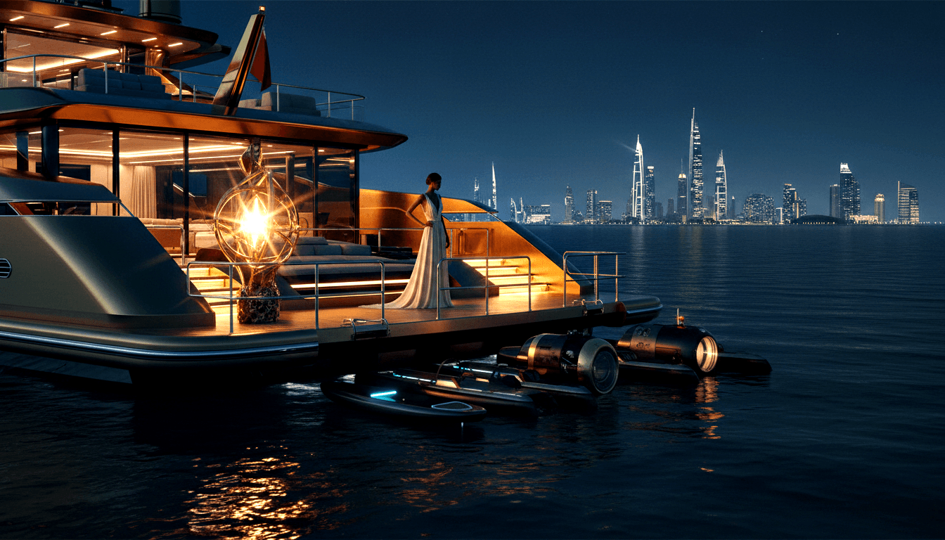 CGI superyacht at night with amber-lit glass panels, golden armillary sphere on deck, dark submarine alongside, figure in white gown at railing.