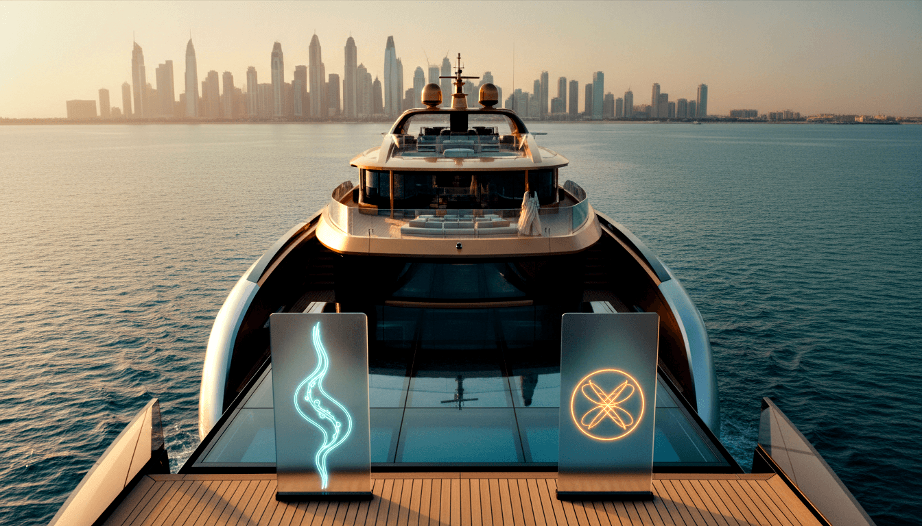 CGI superyacht stern view, white hull, teak platform, glass railings, neon blue and orange symbols on aft panels, city skyline behind.