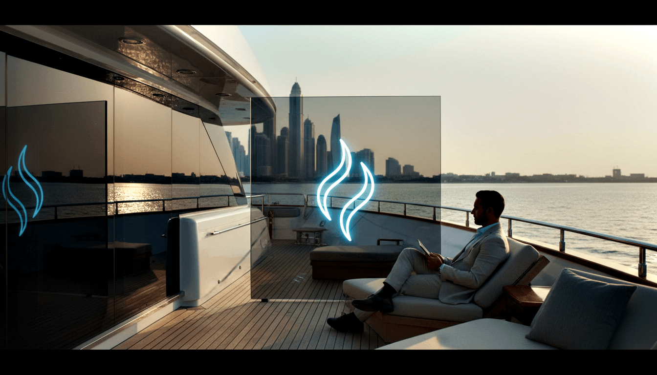 Man in cream suit reclining on yacht teak deck, skyline across calm water, cyan neon wave-flame symbols overlaid on frosted panel.