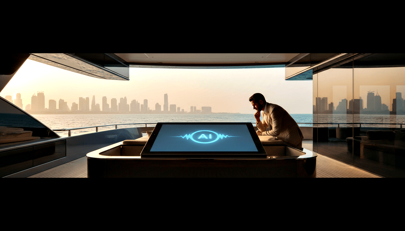 Bearded man in cream attire leans forward at a glowing cyan AI logo table on an open-air yacht deck at golden sunset.