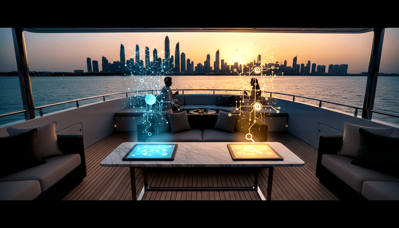 Superyacht upper deck with holographic circuit displays on a marble table, two silhouetted figures against an amber sunset skyline.
