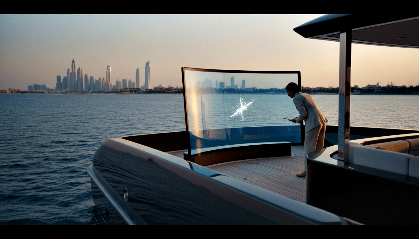 Adult in cream linen outfit leaning toward a curved transparent display on a teak yacht deck, urban skyline at golden-hour dusk behind.