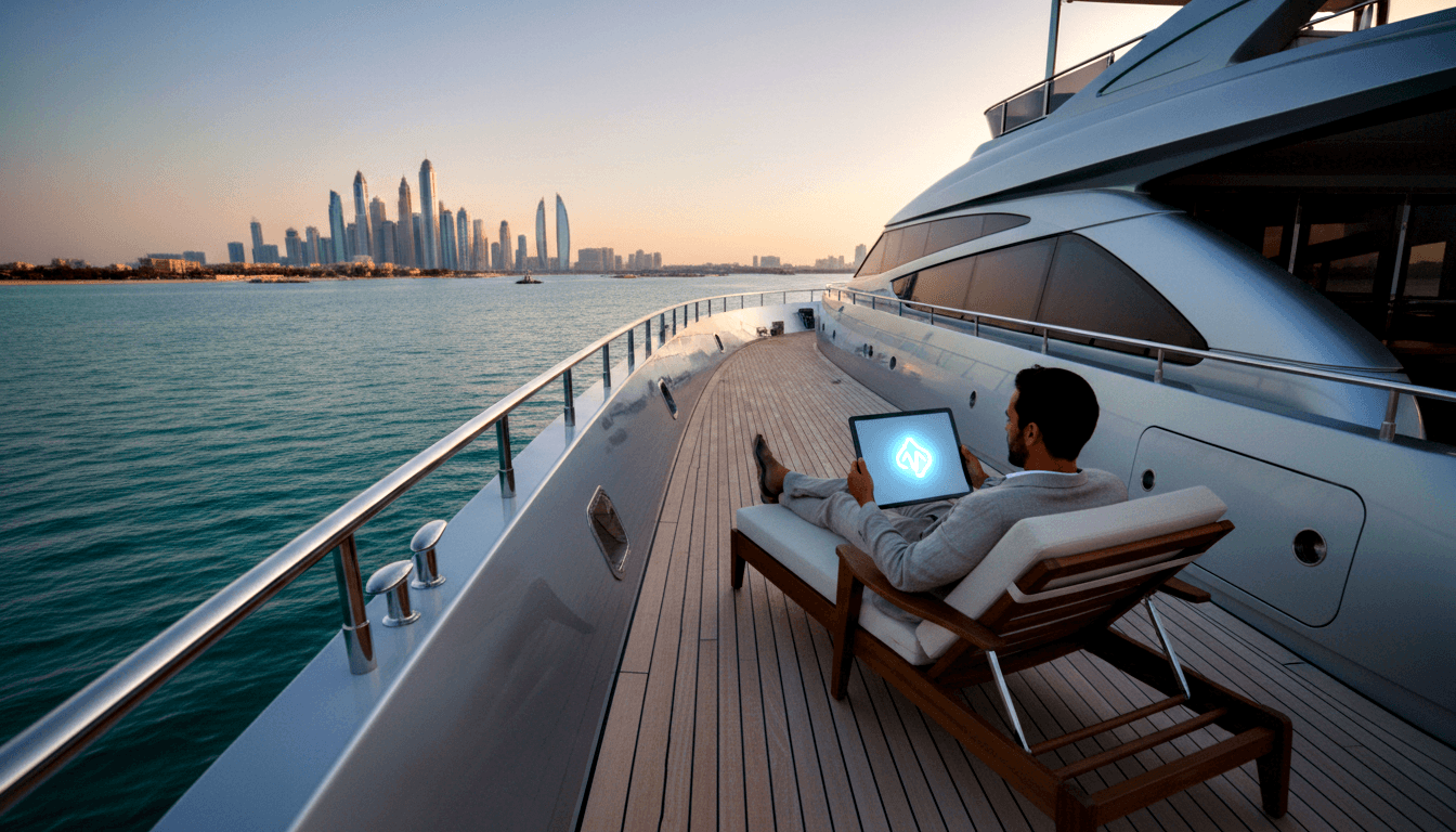 Person in gray sweater reclining in white-cushioned wooden lounge chair on teak yacht deck, holding glowing tablet, viewed from behind.