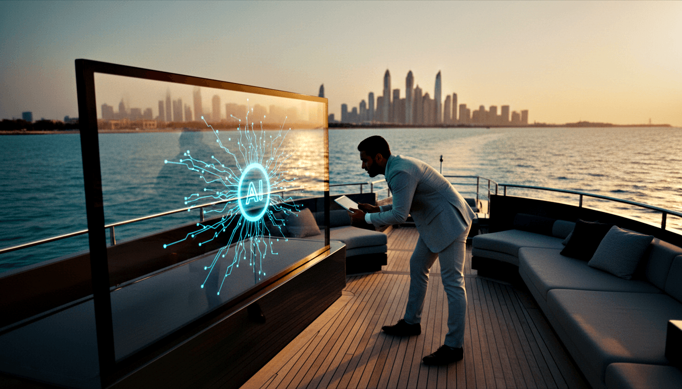 Bearded man in gray blazer leans toward a glowing cyan digital display showing a circuit-network graphic with 'AI' on a yacht deck.