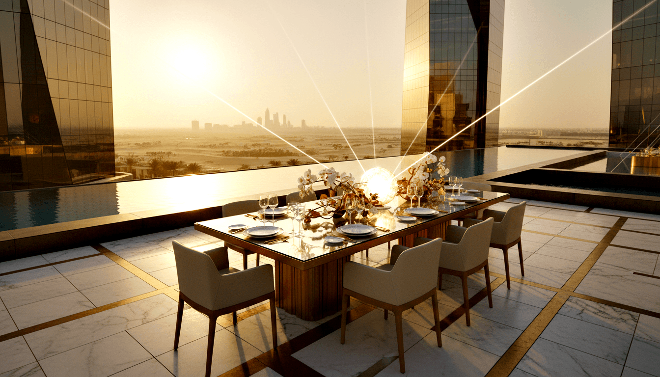 Glass-top dining table, wooden base, beige chairs, white orchids, gold cutlery on marble terrace overlooking infinity pool at golden hour.