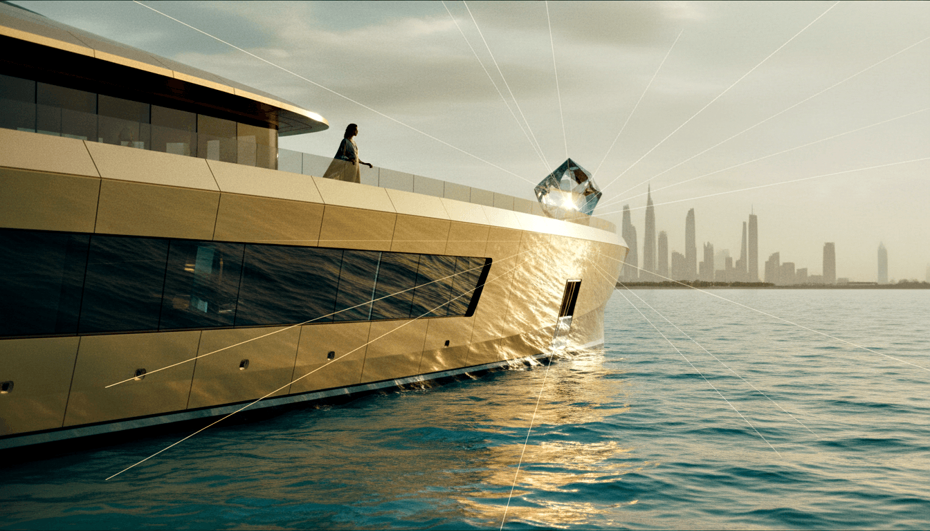 Gold and cream superyacht on calm blue water, skyscraper skyline behind, faceted crystal emitting blue-silver light near bow.