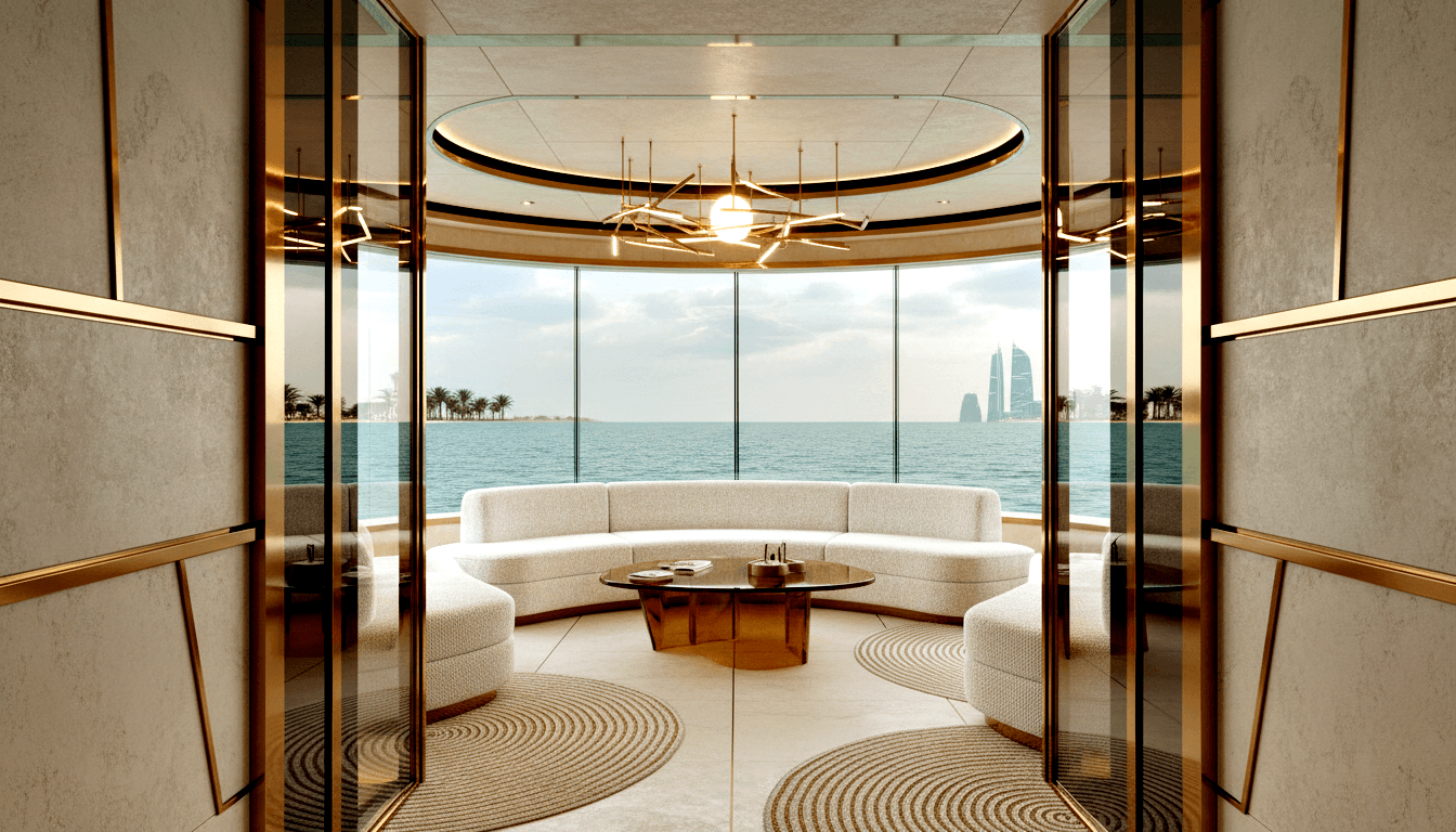 CGI interior: curved cream bouclé sofa, circular coffee table, brass chandelier, floor-to-ceiling windows with teal sea and palms.