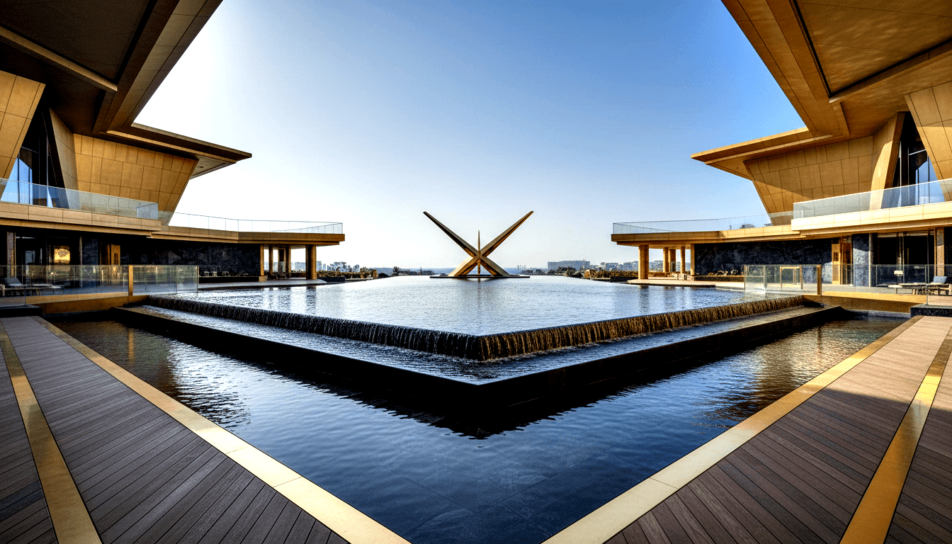 Symmetrical outdoor terrace with multi-tiered water feature, flanked by gold-beige buildings and an X-shaped gold sculpture at the far end.