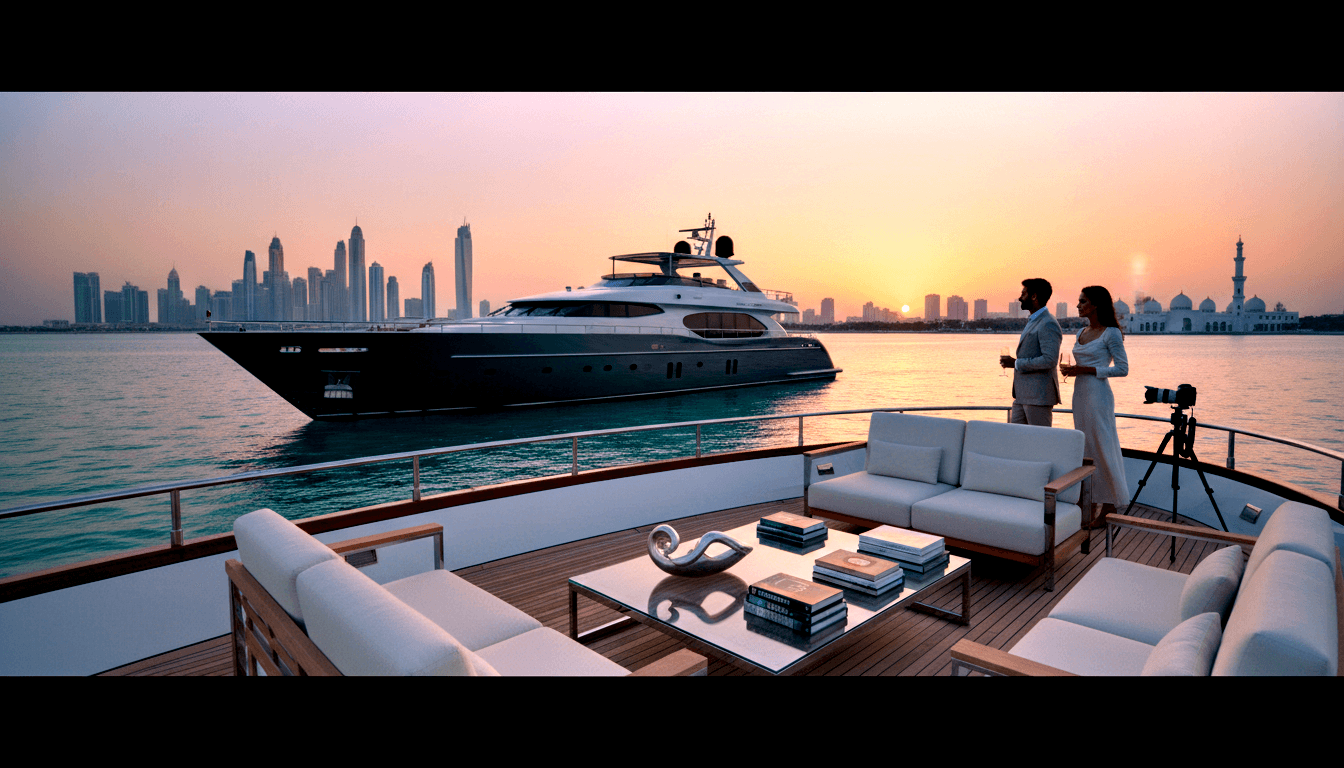 Teak-decked yacht with white cushioned seating, glass table, and two figures at railing; dark-hulled superyacht and domed building at sunset.
