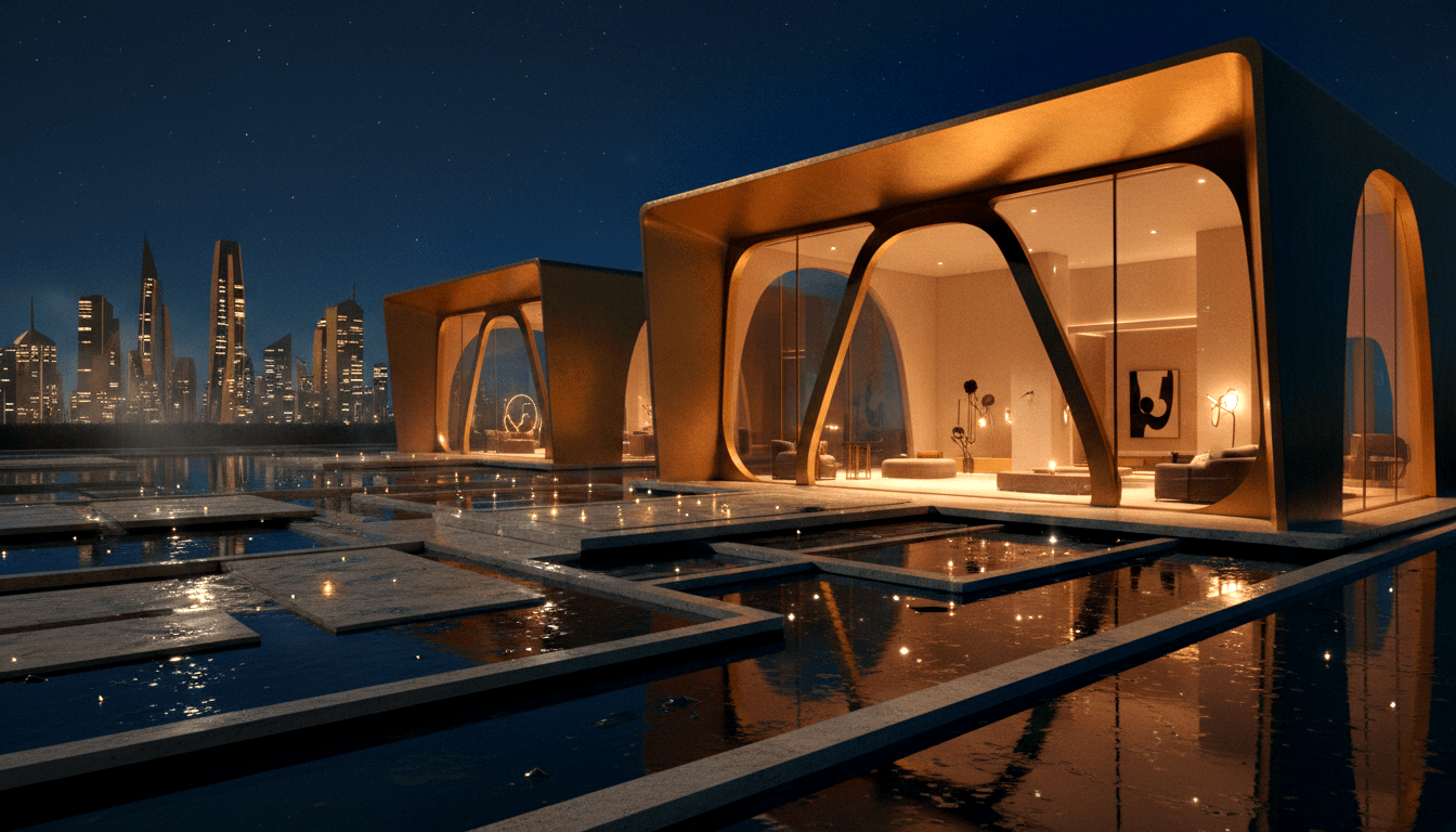 Nighttime CGI of curved golden-bronze arched pavilions with glass walls, lit interiors, stone walkways, reflective water, and city skyline.