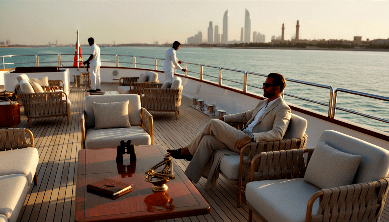 Bearded man in beige suit reclines on yacht deck; brass sextant on table, crew at stern, turquoise water, city skyline beyond.