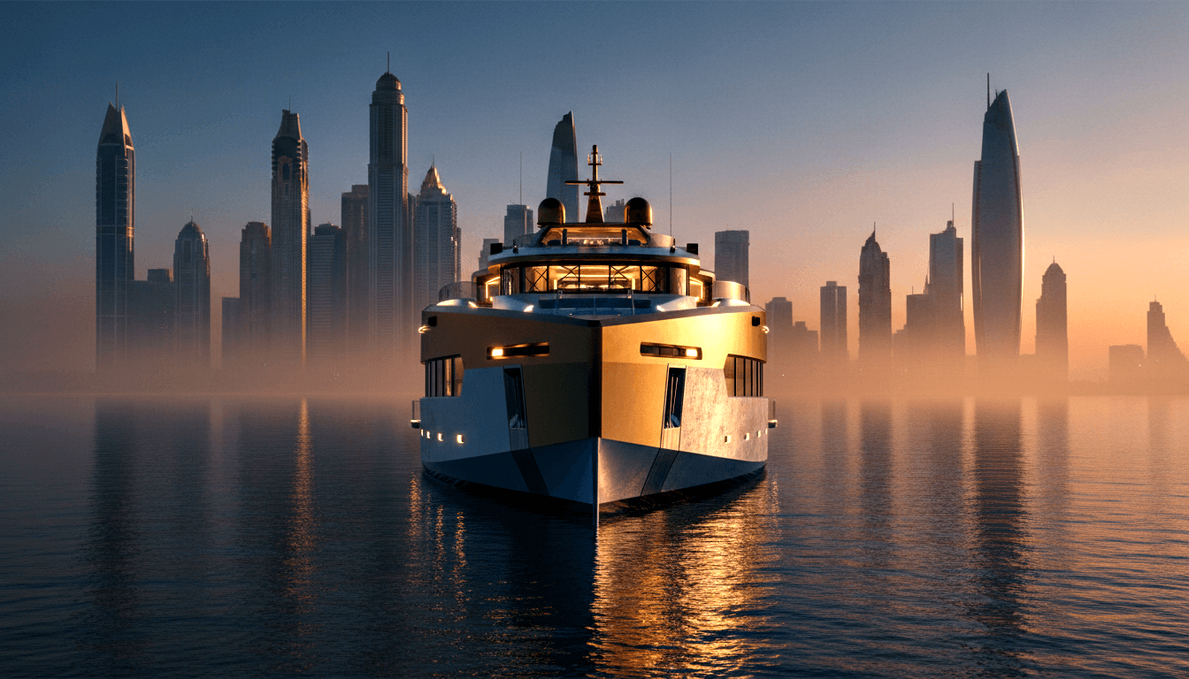 Multi-deck superyacht bow-forward on calm navy-blue water, white superstructure lit by warm amber interior lights, skyscraper backdrop.