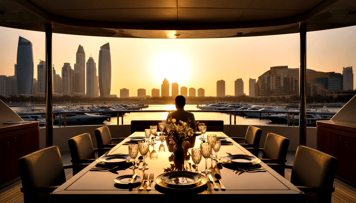 Yacht deck dining table set for 10 with crystal stemware, gold plates; silhouetted figure faces golden sunset over marina.