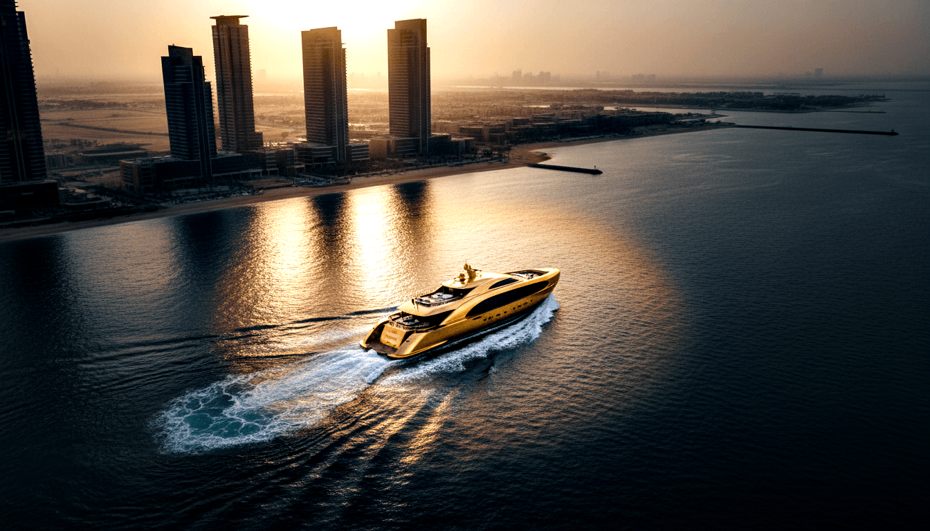 Superyacht with gold metallic hull cruising at speed, white wake trailing, helipad on top, high-rise towers at sunset in background.
