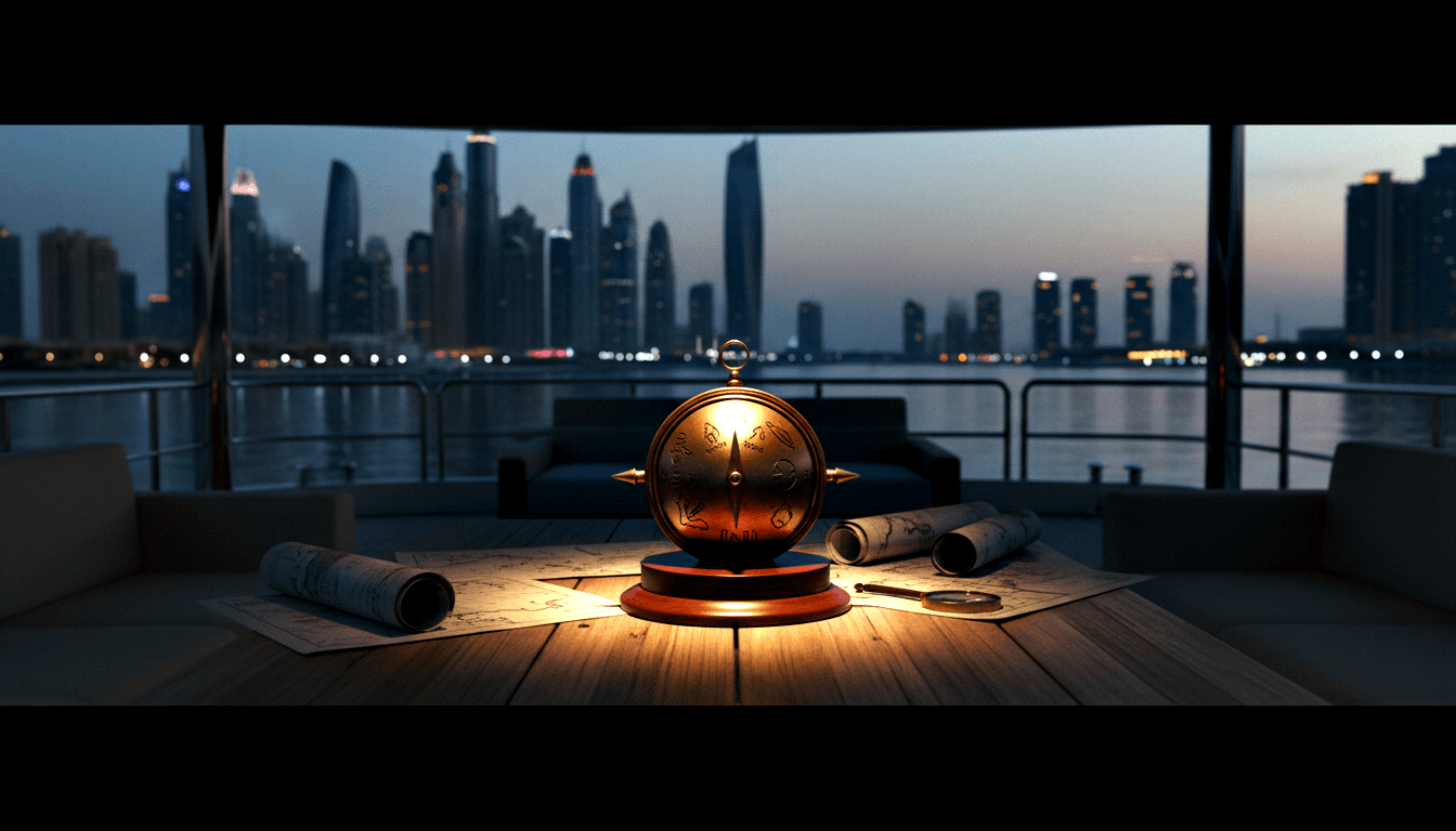 Glowing brass compass on pedestal atop nautical charts with magnifying glass, twilight skyline over water visible beyond deck.