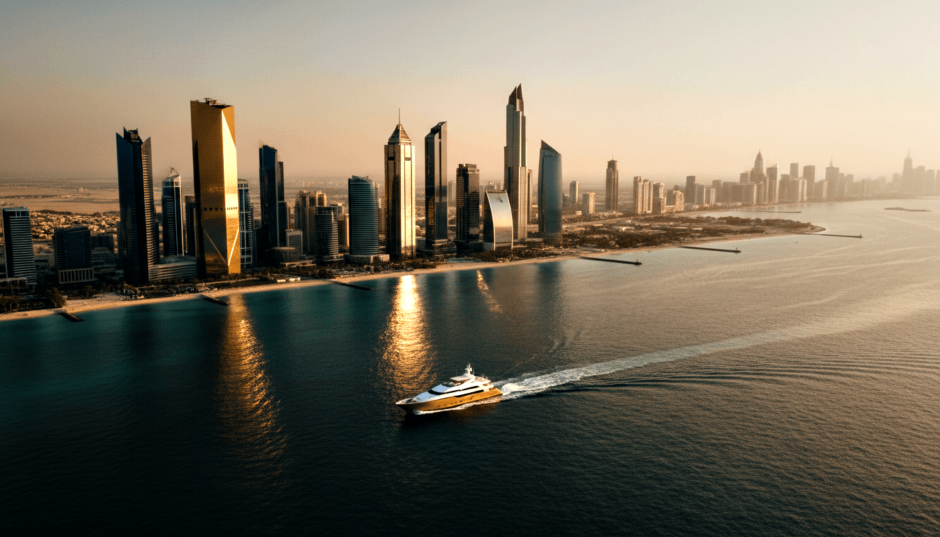 Large white and gold motor yacht cruising a calm coastal waterway near a sandy beach and glass-and-steel skyscrapers, aerial view.