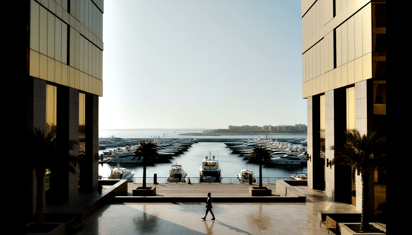 Lone silhouetted figure walks along a sunlit waterfront promenade between two tall glass towers toward a marina of white yachts.