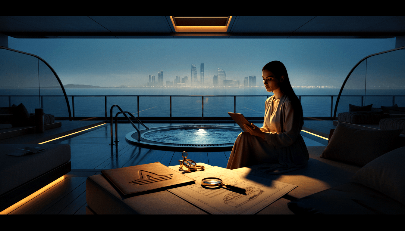 CGI woman in cream draped outfit sits on superyacht deck at night, viewing illuminated tablet beside blueprints and navigational instruments.