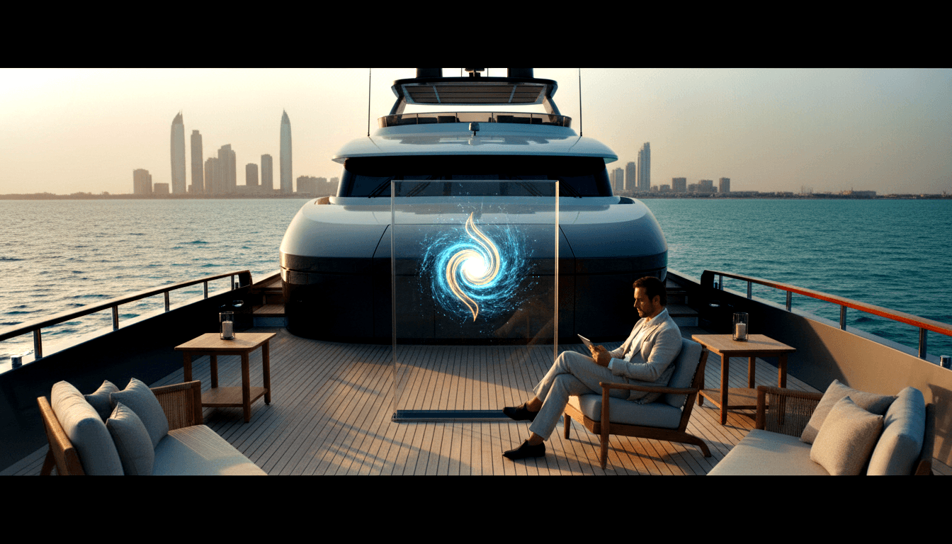 Man in beige suit sits in wooden lounge chair on superyacht deck holding tablet, facing transparent panel with blue-gold swirling vortex display.