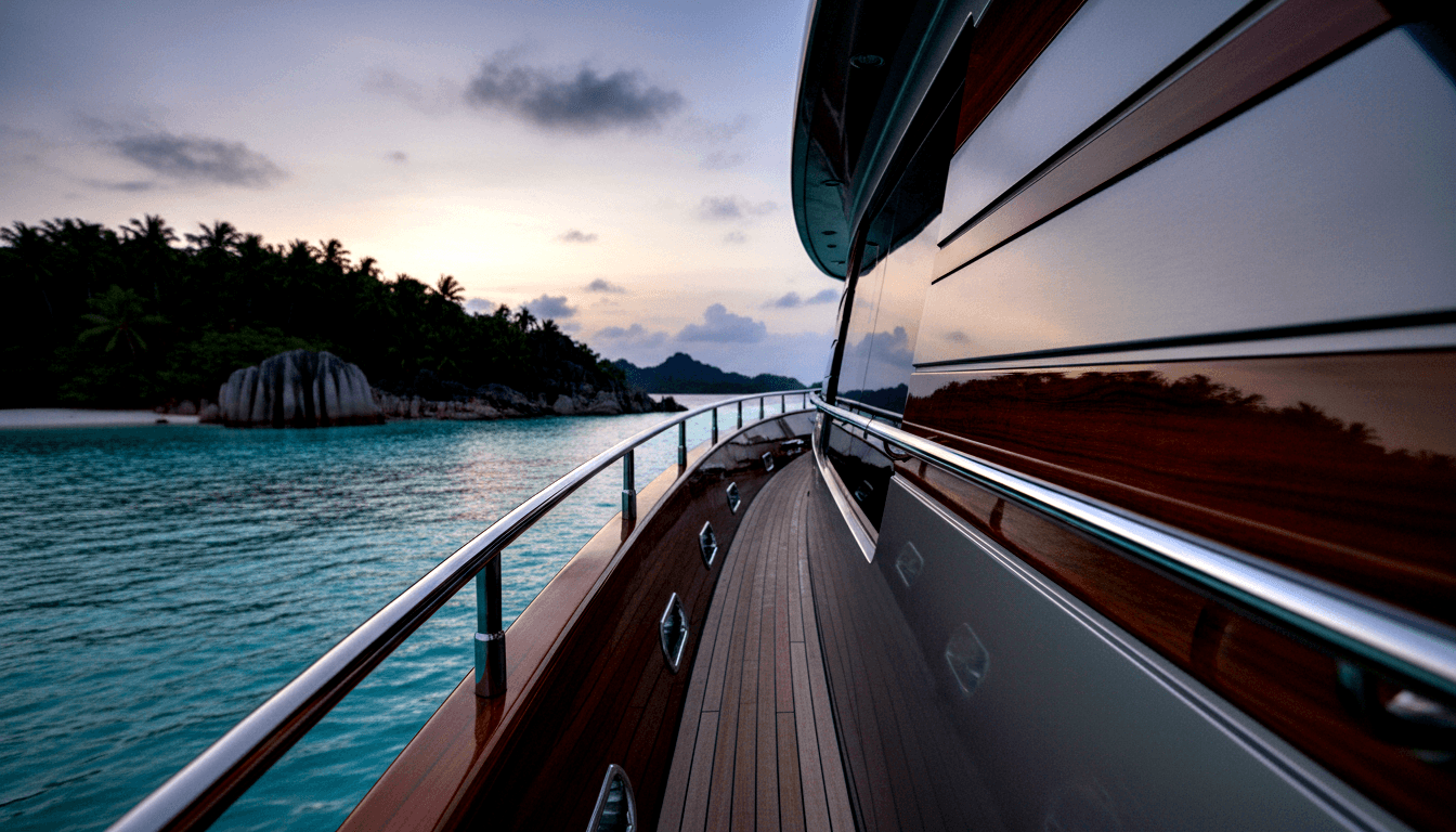 Yacht side deck with teak planking and stainless railings leading toward a cove with turquoise water, sand, granite boulders, and palm trees.