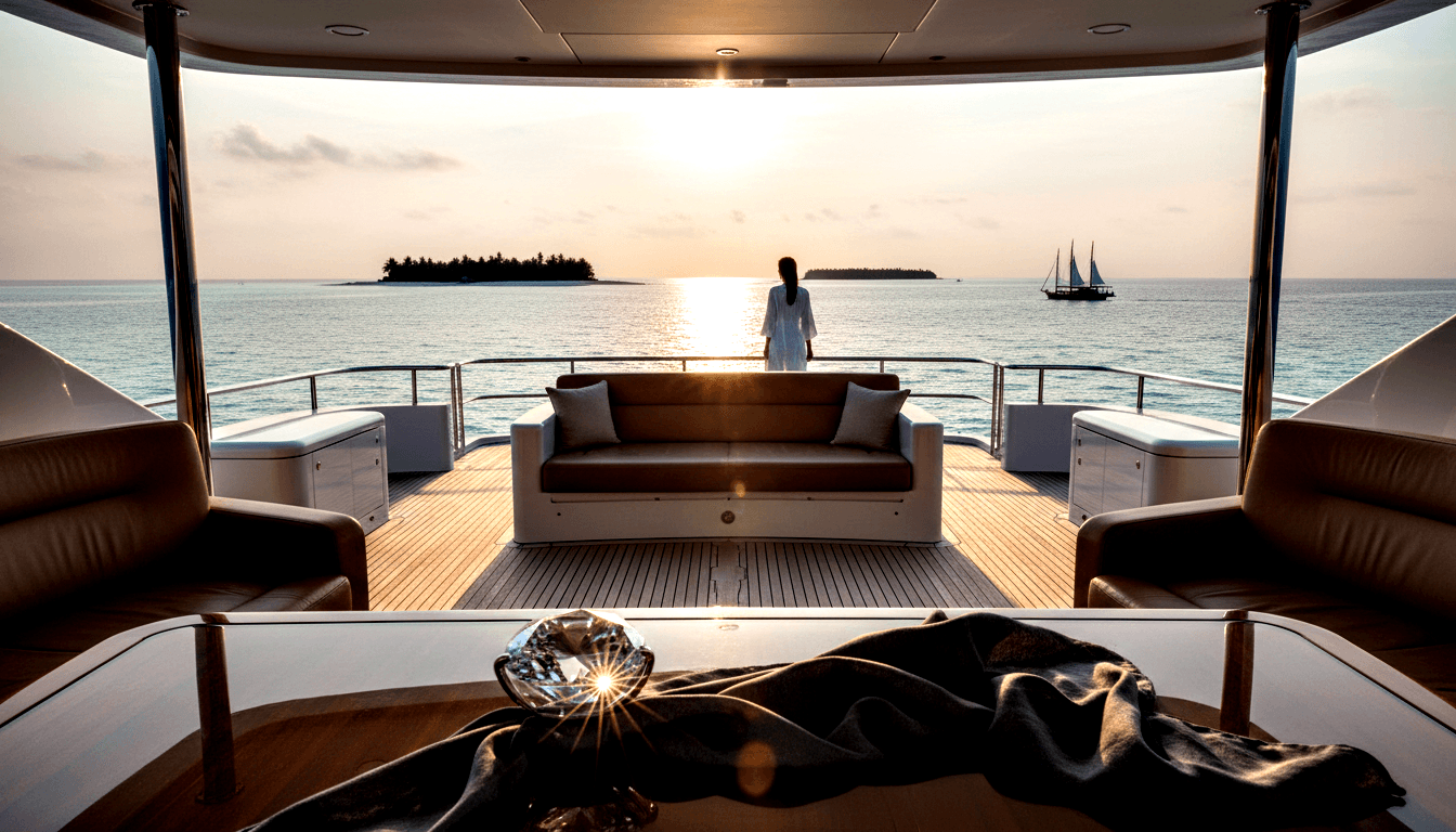 Motor yacht salon with tan sofa, armchairs, and crystal gem on glass table; woman in white stands at stern railing over calm teal water.