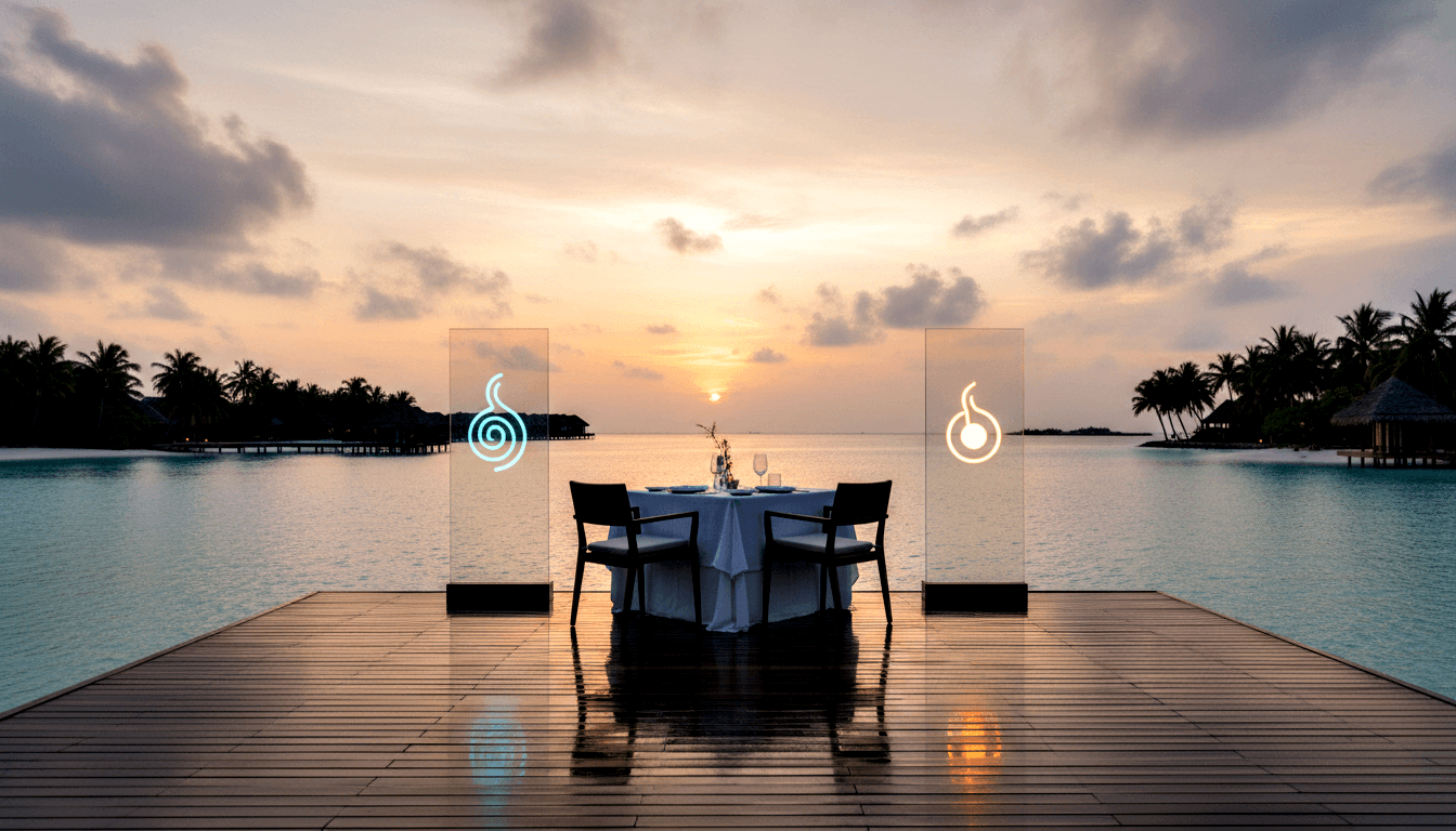 Table for two on wet overwater deck at sunset, flanked by transparent panels with cyan and amber spiral emblems.