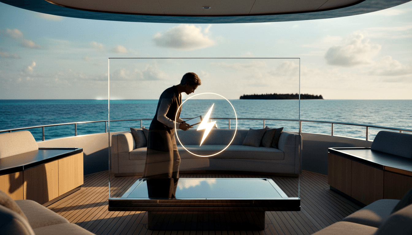 Man on yacht's upper deck holding tablet, with glowing lightning bolt icon in foreground and turquoise ocean stretching to horizon.