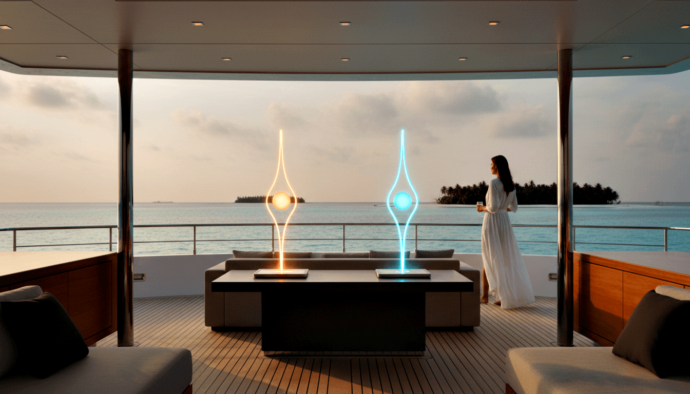 Yacht upper deck with teak floor and grey sofas; hourglass lamps glow amber and cyan; woman in white dress at railing gazes at ocean.