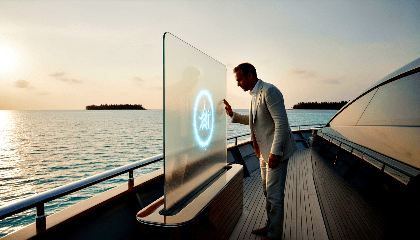 Man in beige linen suit reaching toward a large transparent glass panel with a glowing cyan compass-rose emblem on a yacht's teak deck.