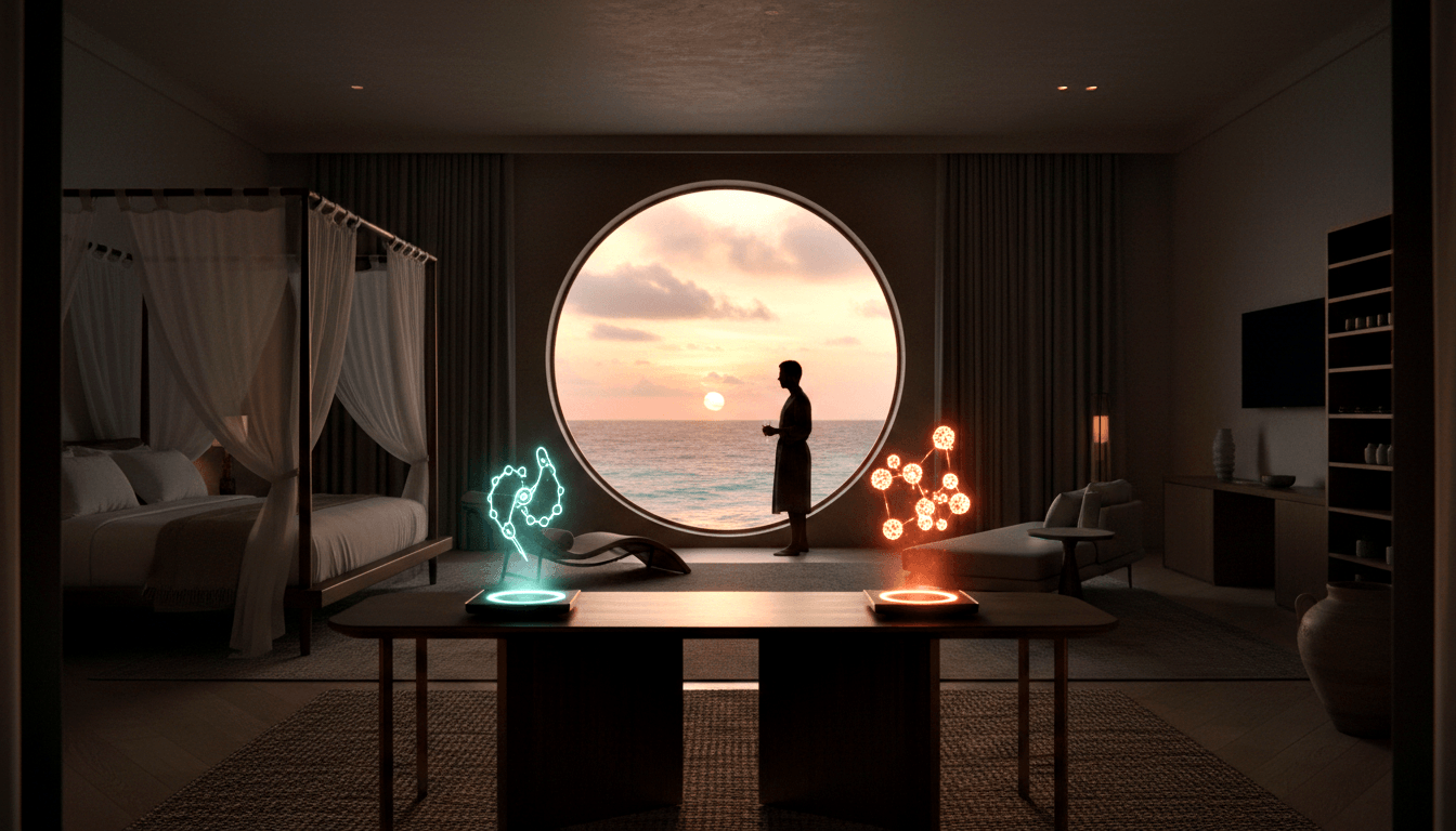 Silhouetted figure in circular opening at ocean sunset; glowing cyan and orange holographic molecules on foreground table.