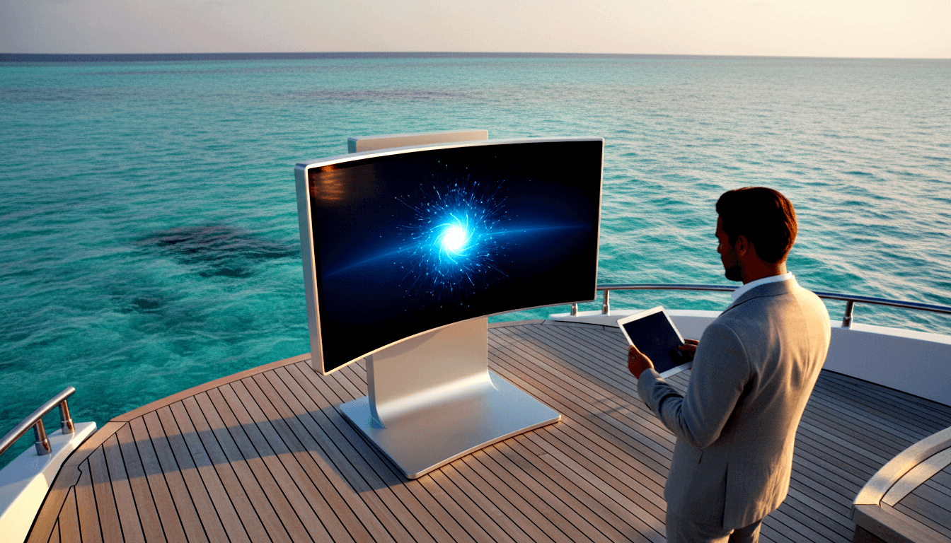 Man in light gray-beige suit holds tablet on teak yacht deck, facing a large curved widescreen showing an electric-blue starburst.