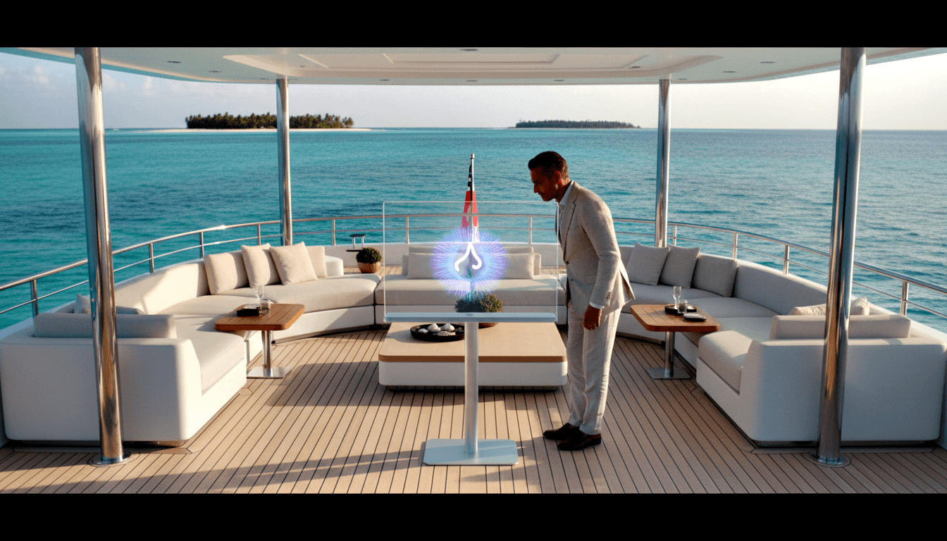 Man in beige linen suit leans over a white pedestal emitting blue-purple holographic light on a yacht's open upper deck.