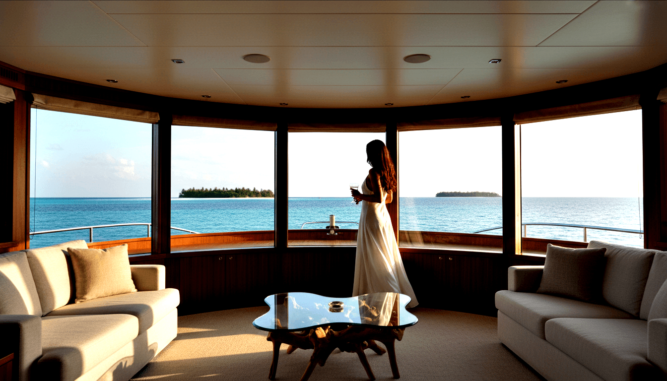 Woman in white dress holding a glass stands with her back to camera at curved panoramic yacht salon windows overlooking calm turquoise water.