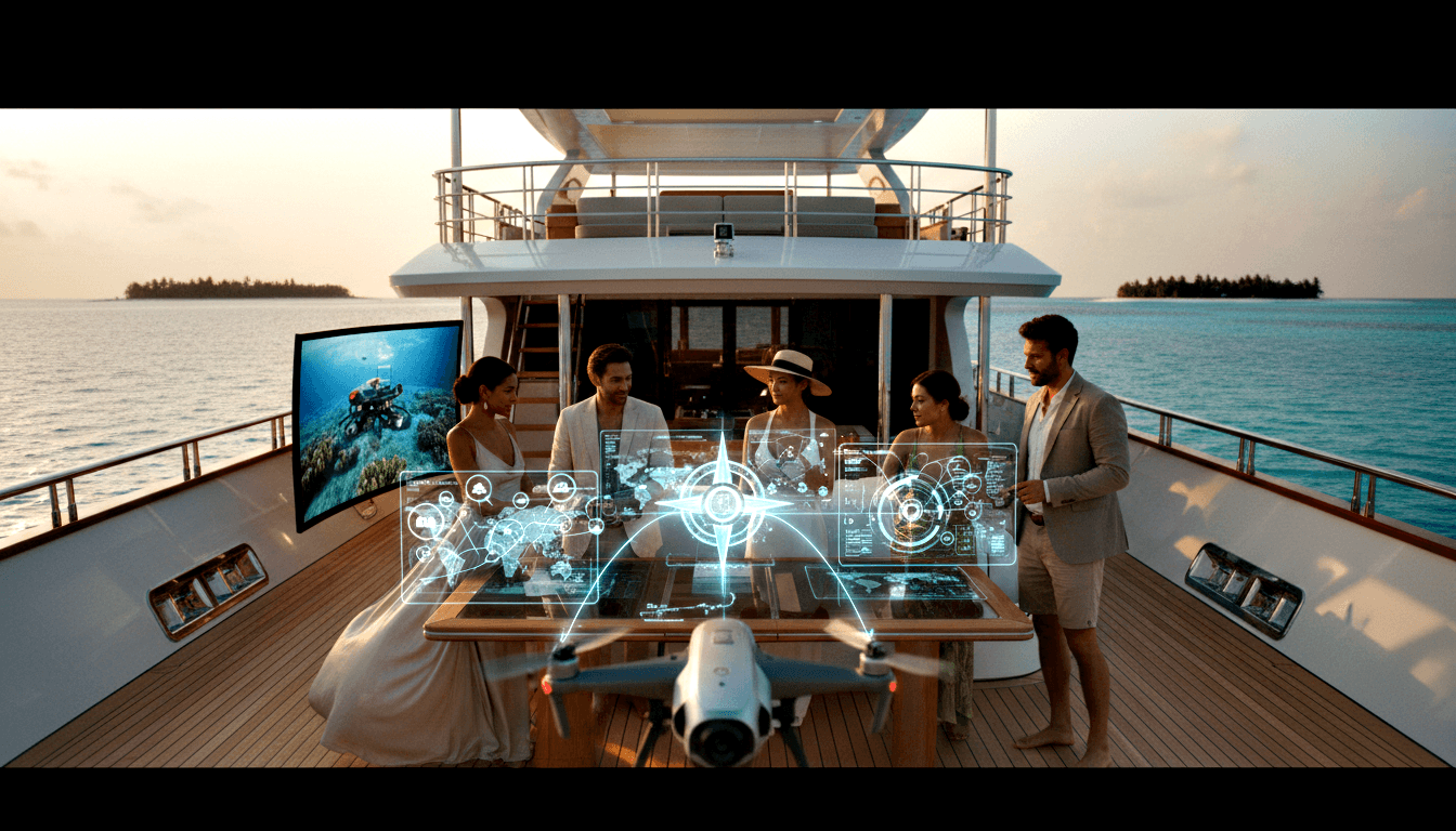 Yacht aft deck with glowing holographic AR table, four adults, white drone foreground, curved monitor, tropical horizon at golden hour.