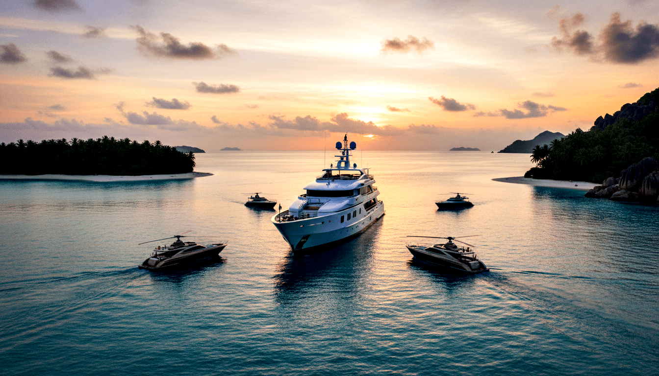 Large white multi-deck motor yacht in a turquoise lagoon at golden hour, surrounded by four dark-hulled speedboats in diamond formation.