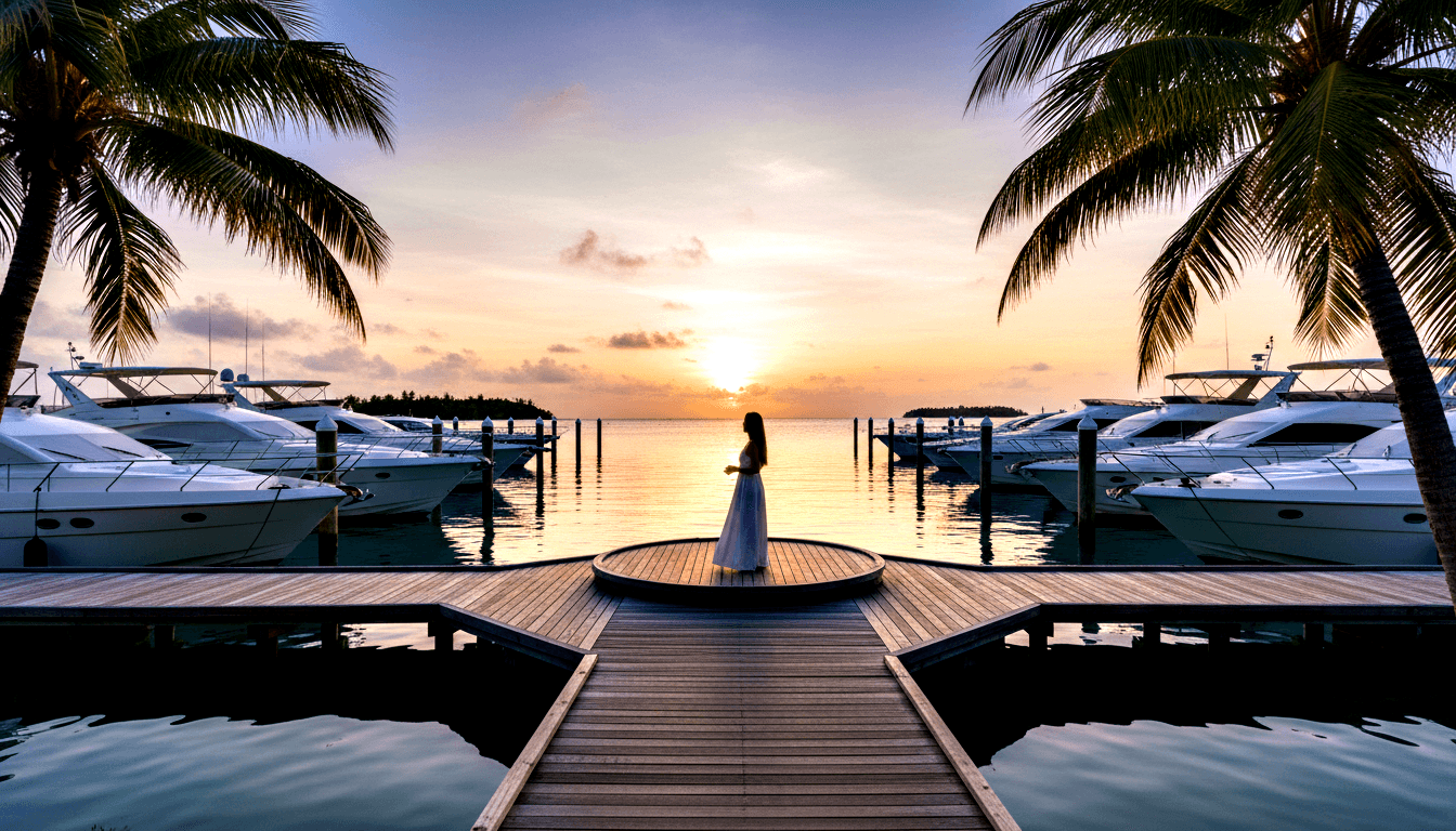 Woman in white gown stands silhouetted on circular platform at marina dock end, backlit by orange-gold sunset with yachts and palm trees.