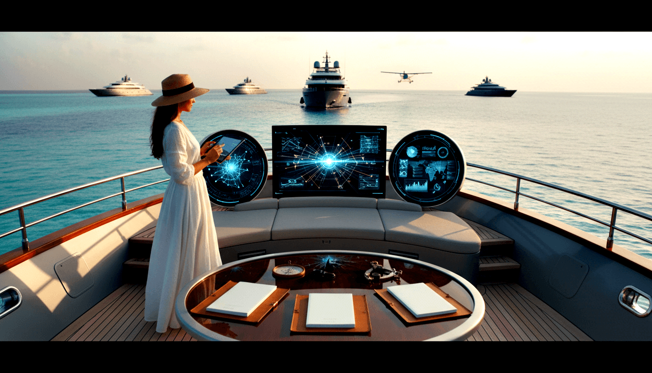 Woman in straw hat and white dress stands on yacht deck holding tablet, facing three large circular screens with blue network visualizations.