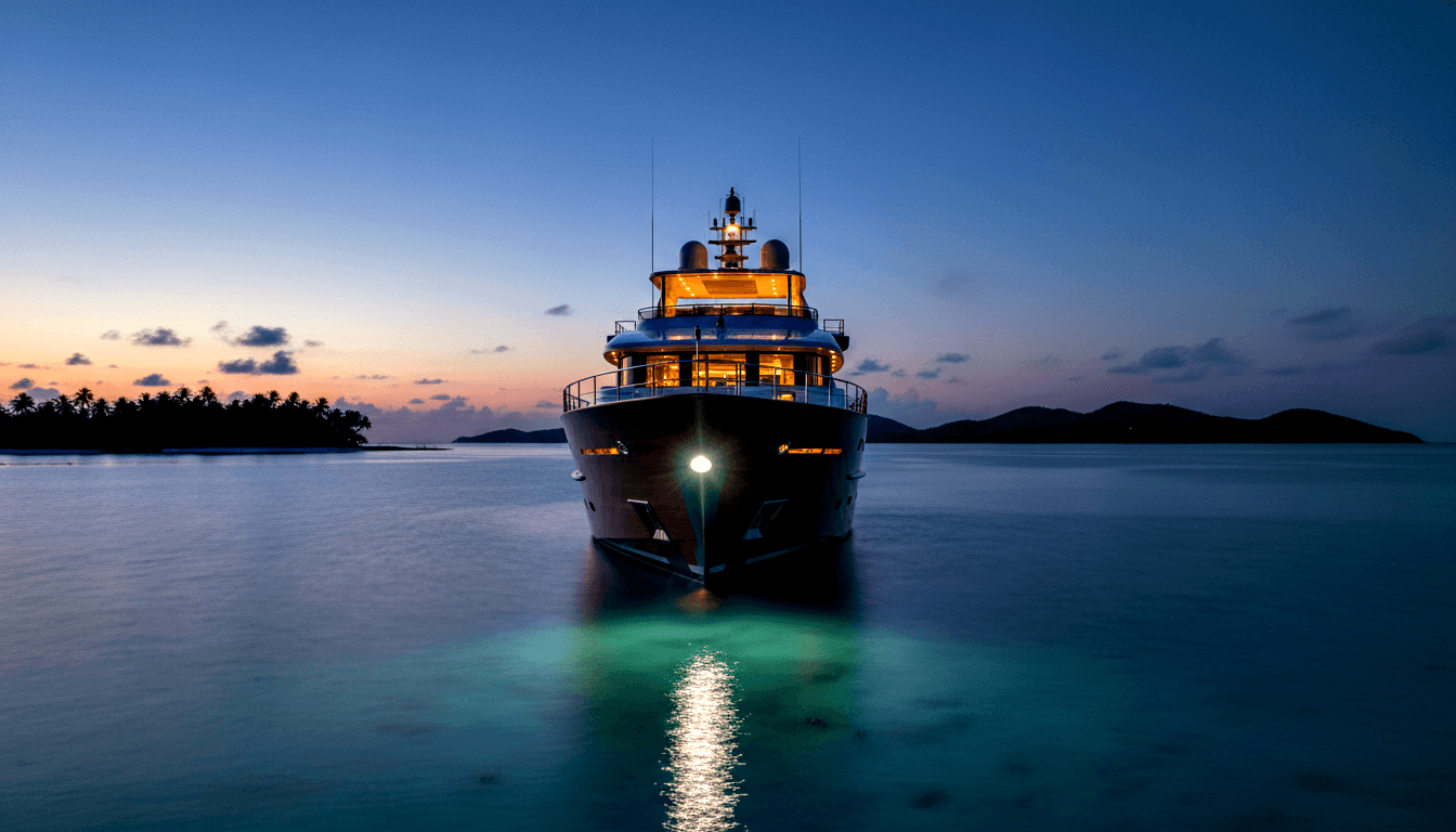Large multi-deck motor yacht bow-on at dusk, navy hull, amber-lit cabins, teal bow spotlight on clear water, silhouetted palm islands behind.